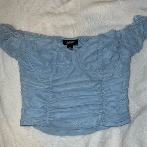 Dusty Blue Mesh Off The Shoulder Top